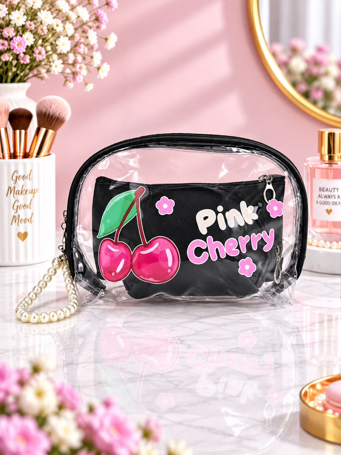 3-in-1 cosmetic organizer pouch, black “Pink Cherry” design with zipper and clear window